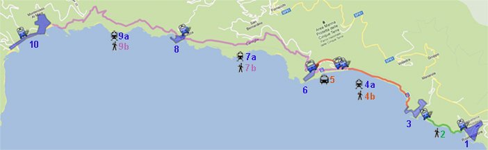 Map of how to get around Cinque Terre in one day